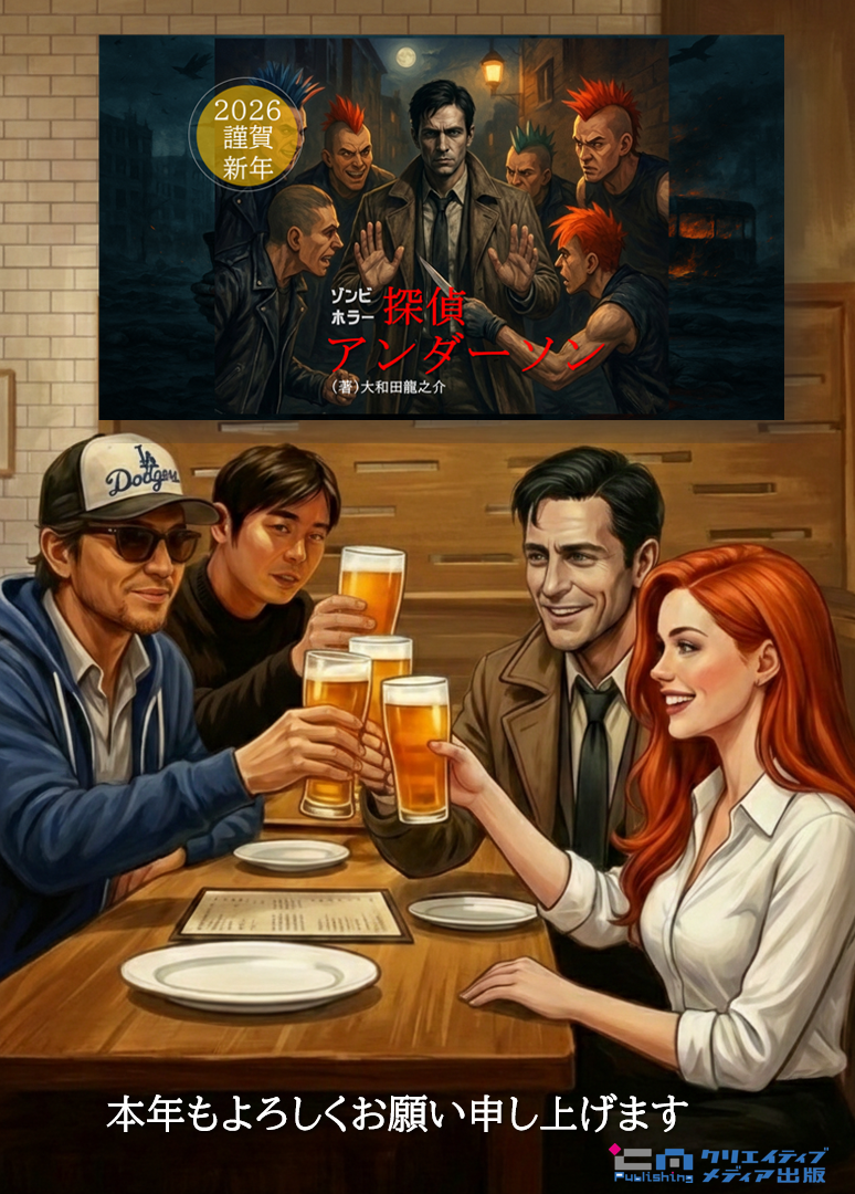 ■2026年・謹賀新年　探偵アンダーソン　メインキャストで乾杯　クリエイティブメディア出版　クリエイターズワールド　出版ブランディング思考　大和田龍之介　松田提樹　タケヒダリ　武左　