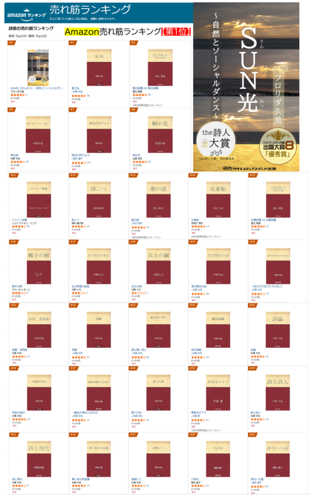 ■詩歌部門・Amazon売れ筋ランキング1位】　SUN光　さんみつ　フロリダ久美　出版大賞８優秀賞　クリエイティブメディア出版